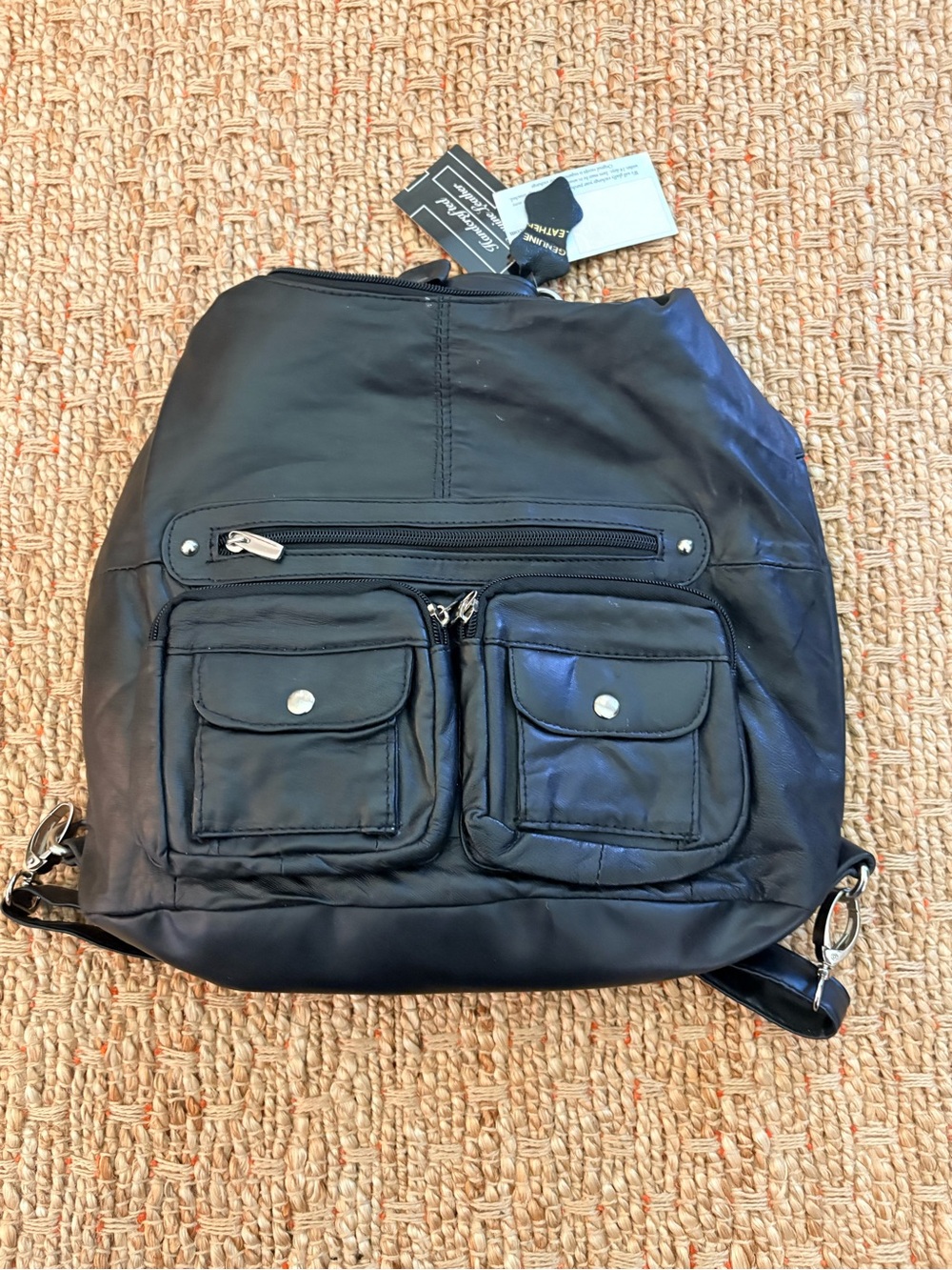 Everyday Black Leather Backpack with Front Pockets NWT